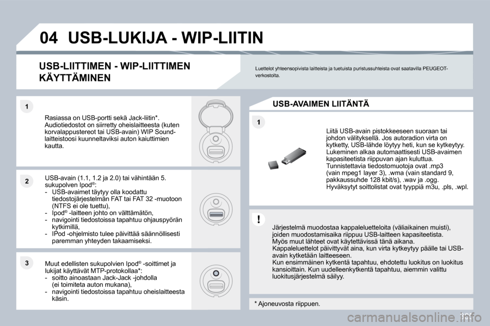 Peugeot 308 SW BL 2009.5  Omistajan käsikirja (in Finnish) 305
�1
�1�1
�2�2
�3�3
�0�4� �U�S�B�-�L�U�K�I�J�A� �-� �W�I�P�-�L�I�I�T�I�N� 
  Järjestelmä muodostaa kappaleluetteloita (väliaikainen muisti), joiden muodostamisaika riippuu USB-laitteen kapasit ee