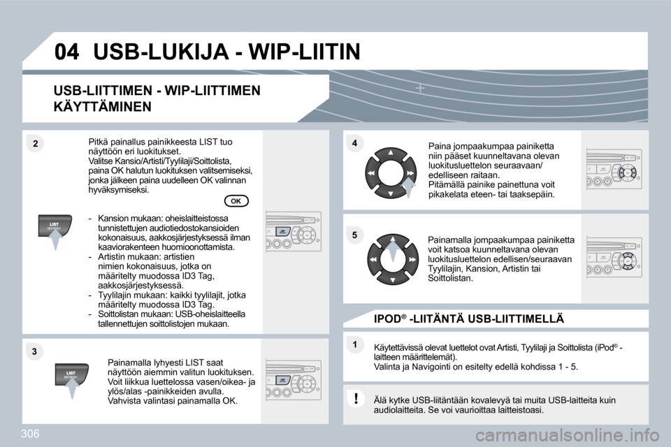 Peugeot 308 SW BL 2009.5  Omistajan käsikirja (in Finnish) 306
�3�3
�4�4
�1�1
�5�5
�2�2
� �U�S�B�-�L�U�K�I�J�A� �-� �W�I�P�-�L�I�I�T�I�N� 
� � �U�S�B�-�L�I�I�T�T�I�M�E�N� �-� �W�I�P�-�L�I�I�T�T�I�M�E�N� 
�K�Ä�Y�T�T�Ä�M�I�N�E�N� 
  Painamalla lyhyesti LIST s