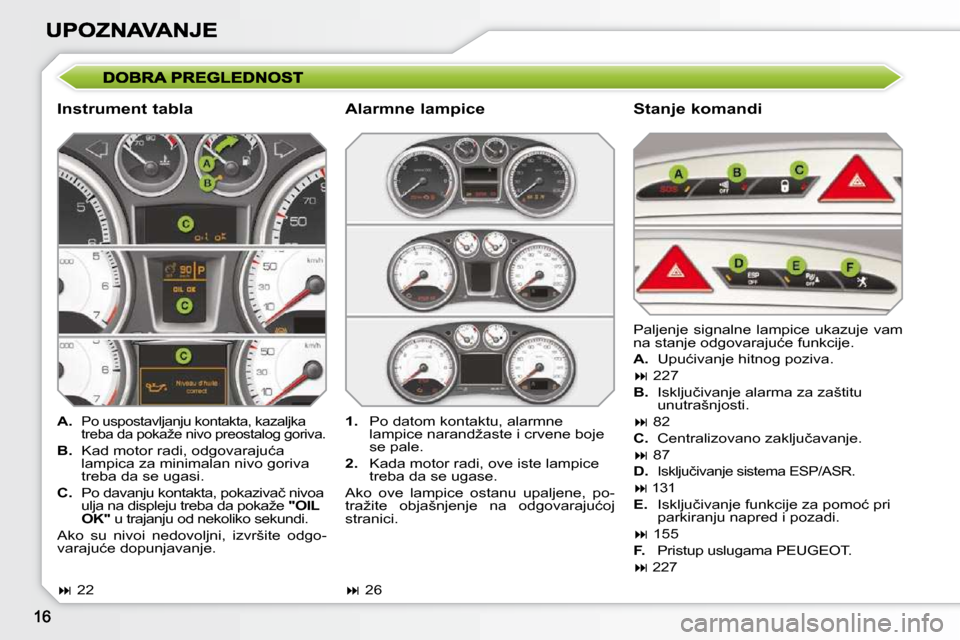 Peugeot 308 SW BL 2009.5  Упутство за употребу (in Serbian)   Instrument tabla   Stanje komandi 
   
A.   
Po uspostavljanju kontakta, kazaljka  
�t�r�e�b�a� �d�a� �p�o�k�a�ž�e� �n�i�v�o� �p�r�e�o�s�t�a�l�o�g� �g�o�r�i�v�a�.� 
  
B. � �  �K�a�d� �m�o�t�o�r� �