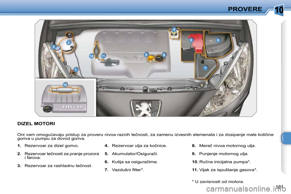 Peugeot 308 SW BL 2009.5  Упутство за употребу (in Serbian) 10
161
PROVERE
DIZEL MOTORI 
� �O�n�i� �v�a�m� �o�m�o�g�u�ć�a�v�a�j�u� �p�r�i�s�t�u�p� �z�a� �p�r�o�v�e�r�u� �n�i�v�o�a� �r�a�z�n�i�h� �t�e�č�n�o�s�t�i�,� �z�a� �z�a�m�e�n�u� �i�z�v�e�s�n�i�h� �e�l�