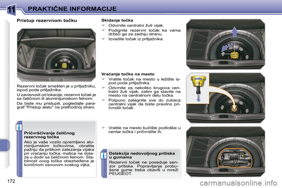 Peugeot 308 SW BL 2009.5  Упутство за употребу (in Serbian) 11
i
i
�1�7�2
�P�R�A�K�T�I�Č�N�E� �I�N�F�O�R�M�A�C�I�J�E
� � �P�r�i�č�v�r�š�ć�i�v�a�n�j�e� �č�e�l�i�č�n�o�g�  
�r�e�z�e�r�v�n�o�g� �t�o�č�k�a�  
� �A�k�o� �j�e� �v�a�š�e� �v�o�z�i�l�o� �o�p�r�