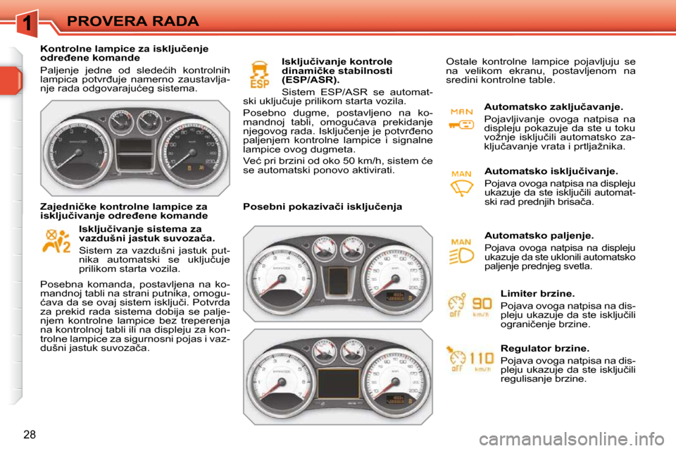 Peugeot 308 SW BL 2009.5  Упутство за употребу (in Serbian) 28
PROVERA RADA
� � � �K�o�n�t�r�o�l�n�e� �l�a�m�p�i�c�e� �z�a� �i�s�k�l�j�u�č�e�n�j�e�  
�o�d�r�e�đ�e�n�e� �k�o�m�a�n�d�e�  
� �P�a�l�j�e�n�j�e�  �j�e�d�n�e�  �o�d�  �s�l�e�d�e�ć�i�h�  �k�o�n�t�r�