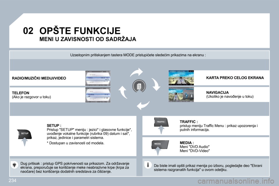 Peugeot 308 SW BL 2009.5  Упутство за употребу (in Serbian) �2�3�4
�0�2
SETUP
MEDIA
TRAFFIC
� �O�P�Š�T�E� �F�U�N�K�C�I�J�E� 
� � �D�a� �b�i�s�t�e� �i�m�a�l�i� �o�p�š�t�i� �p�r�i�k�a�z� �m�e�n�i�j�a� �p�o� �i�z�b�o�r�u�,� �p�o�g�l�e�d�a�j�t�e� �d�e�o� �"�E�k�