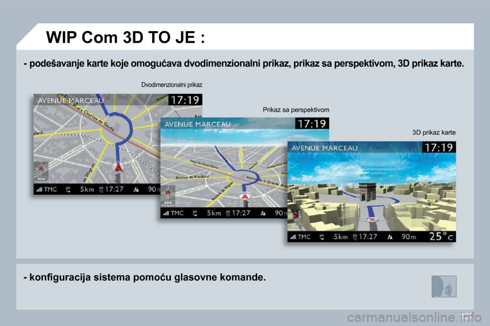 Peugeot 308 SW BL 2009.5  Упутство за употребу (in Serbian) �2�3�7
� � � �-� � � �p�o�d�e�š�a�v�a�n�j�e� �k�a�r�t�e� �k�o�j�e� �o�m�o�g�u�ć�a�v�a� �d�v�o�d�i�m�e�n�z�i�o�n�a�l�n�i� �p�r�i�k�a�z�,� �p�r�i�k�a�z� �s�a� �p�e�r�s�p�e�k�t�i�v�o�m�,� �3�D� �p�r�i�