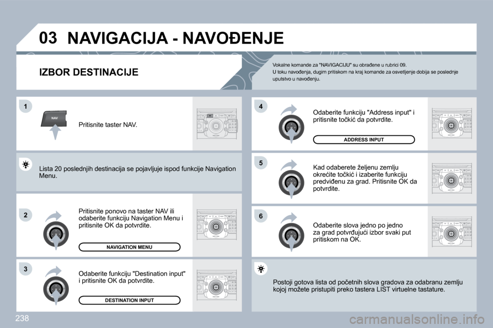 Peugeot 308 SW BL 2009.5  Упутство за употребу (in Serbian) �2�3�8
NAV
�0�3
�1
�2
�3
�6
�5
�4
� �N�A�V�I�G�A�C�I�J�A� �-� �N�A�V�O�E�N�J�E� 
�I�Z�B�O�R� �D�E�S�T�I�N�A�C�I�J�E� 
� � �P�r�i�t�i�s�n�i�t�e� �p�o�n�o�v�o� �n�a� �t�a�s�t�e�r� �N�A�V� �i�l�i� �o�d