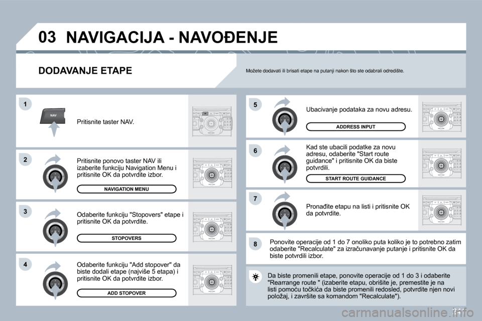 Peugeot 308 SW BL 2009.5  Упутство за употребу (in Serbian) �2�4�1
NAV
�5
�6
�7
�1
�2
�3
�4
�8
�0�3
� � �D�O�D�A�V�A�N�J�E� �E�T�A�P�E� 
� �U�b�a�c�i�v�a�n�j�e� �p�o�d�a�t�a�k�a� �z�a� �n�o�v�u� �a�d�r�e�s�u�.� 
� �K�a�d� �s�t�e� �u�b�a�c�i�l�i� �p�o�d�a�t�k�e