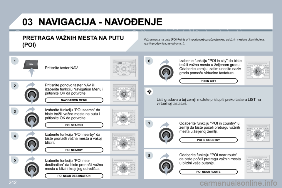 Peugeot 308 SW BL 2009.5  Упутство за употребу (in Serbian) �2�4�2
NAV
�0�3
�1
�2
�3
�4
�7
�8�5
�6
� � �P�R�E�T�R�A�G�A� �V�A�Ž�N�I�H� �M�E�S�T�A� �N�A� �P�U�T�U� 
�(�P�O�I�)� 
� � �P�r�i�t�i�s�n�i�t�e� �t�a�s�t�e�r� �N�A�V�.� � 
� � �P�r�i�t�i�s�n�i�t�e� �p�