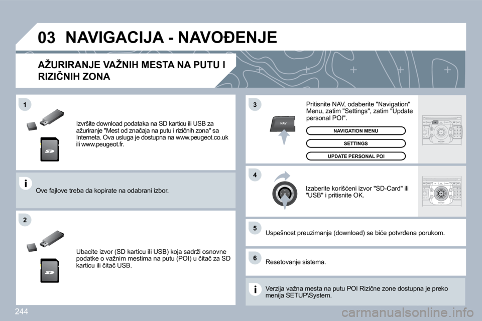 Peugeot 308 SW BL 2009.5  Упутство за употребу (in Serbian) �2�4�4
�0�3
�5
�6
�3
�4
�2
NAV
�1
� � �I�z�v�r�š�i�t�e� �d�o�w�n�l�o�a�d� �p�o�d�a�t�a�k�a� �n�a� �S�D� �k�a�r�t�i�c�u� �i�l�i� �U�S�B� �z�a� �a�ž�u�r�i�r�a�n�j�e� �"�M�e�s�t� �o�d� �z�n�a�č�a�j�a�