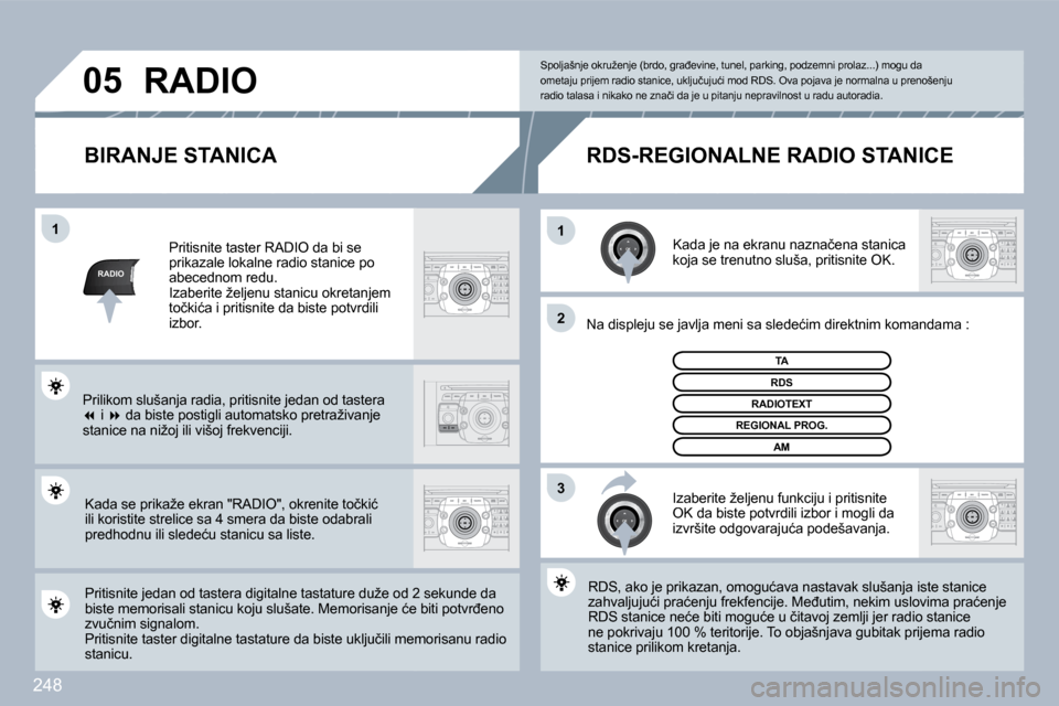 Peugeot 308 SW BL 2009.5  Упутство за употребу (in Serbian) �2�4�8
RADIO
�1�1
�2
�3
�0�5
� � �B�I�R�A�N�J�E� �S�T�A�N�I�C�A� 
� � �K�a�d�a� �j�e� �n�a� �e�k�r�a�n�u� �n�a�z�n�a�č�e�n�a� �s�t�a�n�i�c�a� �k�o�j�a� �s�e� �t�r�e�n�u�t�n�o� �s�l�u�š�a�,� �p�r�i�t