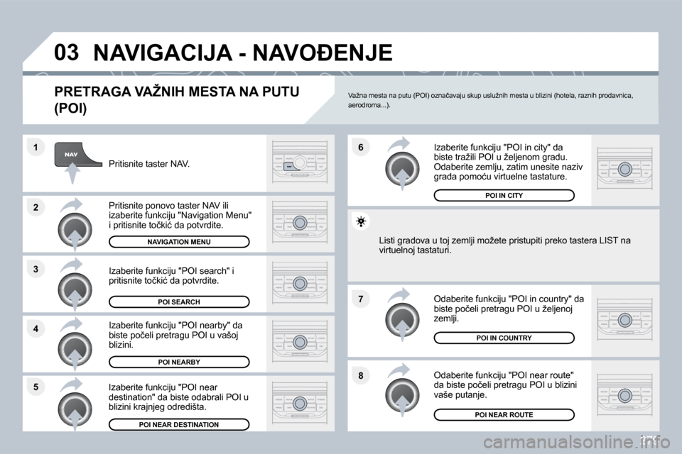 Peugeot 308 SW BL 2009.5  Упутство за употребу (in Serbian) 279
�8
�6 
�7
�4
�3
�5
�2
�1
�0�3� �N�A�V�I�G�A�C�I�J�A� �-� �N�A�V�O�E�N�J�E� 
� � �P�R�E�T�R�A�G�A� �V�A�Ž�N�I�H� �M�E�S�T�A� �N�A� �P�U�T�U� 
�(�P�O�I�)� 
� � �P�r�i�t�i�s�n�i�t�e� �t�a�s�t�e�r�