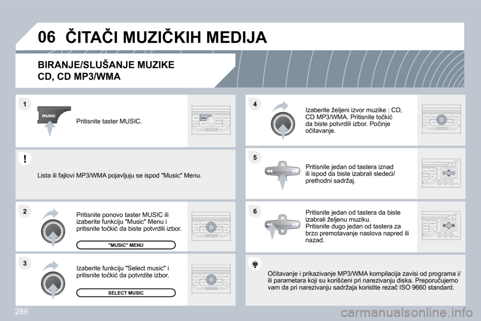 Peugeot 308 SW BL 2009.5  Упутство за употребу (in Serbian) �2�8�6
�0�6
�6
�4 
�5
�3
�2
�1
�B�I�R�A�N�J�E�/�S�L�U�Š�A�N�J�E� �M�U�Z�I�K�E� � 
�C�D�,� �C�D� �M�P�3�/�W�M�A� 
� �O�č�i�t�a�v�a�n�j�e� �i� �p�r�i�k�a�z�i�v�a�n�j�e� �M�P�3�/�W�M�A� �k�o�m�p�i�l�a�
