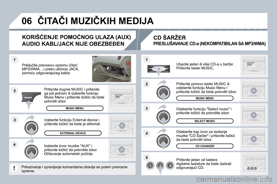 Peugeot 308 SW BL 2009.5  Упутство за употребу (in Serbian) 287
�3
�1
�2
�0�6
�1
�4
�2
�3
�5
�4
� � �P�r�i�k�l�j�u�č�i�t�e� �p�r�e�n�o�s�i�v�u� �o�p�r�e�m�u� �(�č�i�t�a�č� �M�P�3�/�W�M�A�…�)� �p�r�e�k�o� �u�t�i�č�n�i�c�e� �J�A�C�K�,� �p�o�m�o�ć�u� �o�d�