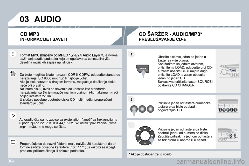Peugeot 308 SW BL 2009.5  Упутство за употребу (in Serbian) �3�0�4
�0�3
�1�1
�2�2
�3�3
� �F�o�r�m�a�t� �M�P�3�,� �s�k�r�a�ć�e�n�o� �o�d� �M�P�E�G� �1�,�2� �&� �2�.�5� �A�u�d�i�o� �L�a�y�e�r� �3�,� �j�e� �n�o�r�m�a� �s�a�ž�i�m�a�n�j�a� �a�u�d�i�o� �p�o�d�a�t�