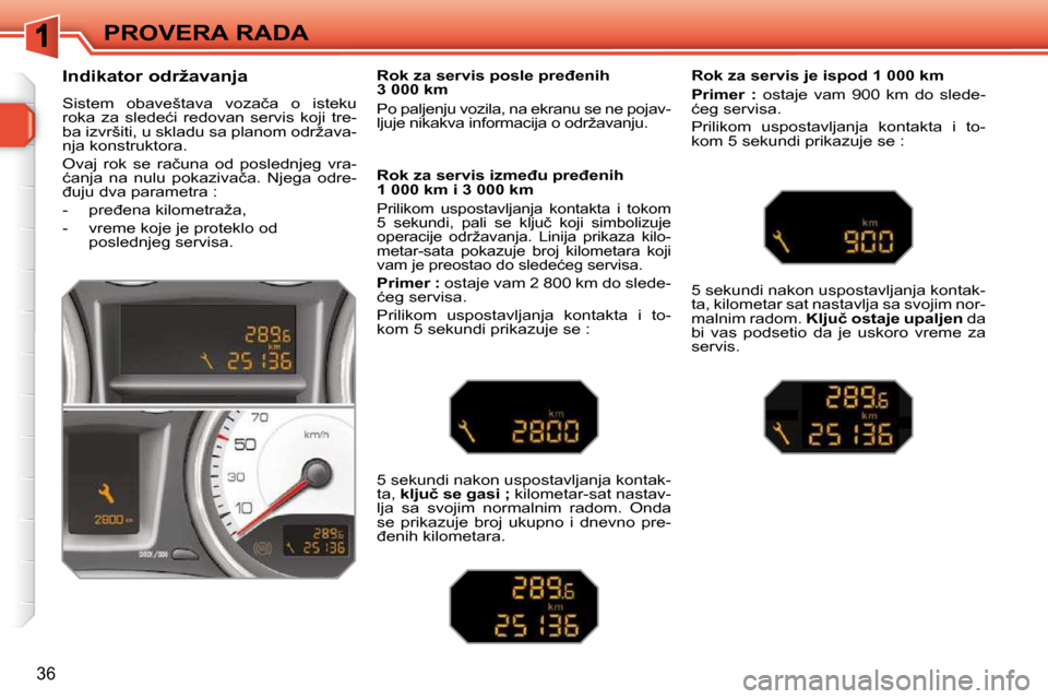 Peugeot 308 SW BL 2009.5  Упутство за употребу (in Serbian) �3�6
PROVERA RADA
       
�I�n�d�i�k�a�t�o�r� �o�d�r�ž�a�v�a�n�j�a�  
� �S�i�s�t�e�m�  �o�b�a�v�e�š�t�a�v�a�  �v�o�z�a�č�a�  �o�  �i�s�t�e�k�u�  
�r�o�k�a�  �z�a�  �s�l�e�d�e�ć�i�  �r�e�d�o�v�a�n�
