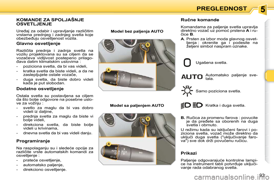 Peugeot 308 SW BL 2009.5  Упутство за употребу (in Serbian) 93
PREGLEDNOST
KOMANDE ZA SPOLJAŠNJE OSVETLJENJE 
� �U�r�e�đ�a�j�  �z�a�  �o�d�a�b�i�r�  �i�  �u�p�r�a�v�l�j�a�n�j�e�  �r�a�z�l�i�č�i�t�i�m�  
�v�r�s�t�a�m�a�  �p�r�e�d�n�j�e�g�  �i�  �z�a�d�n�j�e�