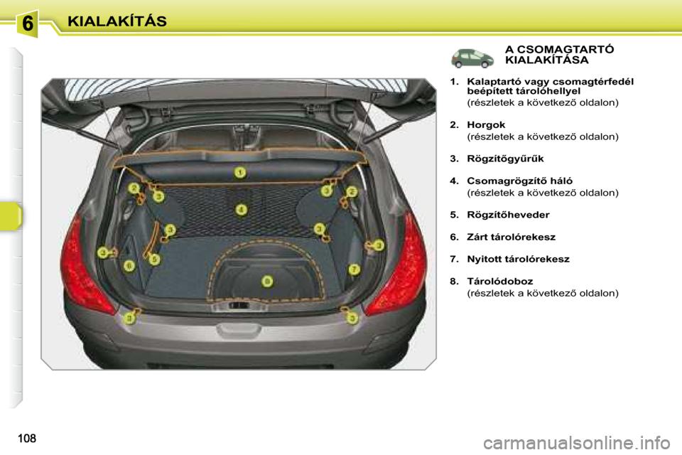 Peugeot 308 SW BL 2008.5  Kezelési útmutató (in Hungarian) KIALAKÍTÁS
�A� �C�S�O�M�A�G�T�A�R�T�Ó� �K�I�A�L�A�K�Í�T�Á�S�A� 
    
�1�.     �K�a�l�a�p�t�a�r�t�ó� �v�a�g�y� �c�s�o�m�a�g�t�é�r�f�e�d�é�l�  
�b�e�é�p�í�t�e�t�t� �t�á�r�o�l�ó�h�e�l�l�y�e�l