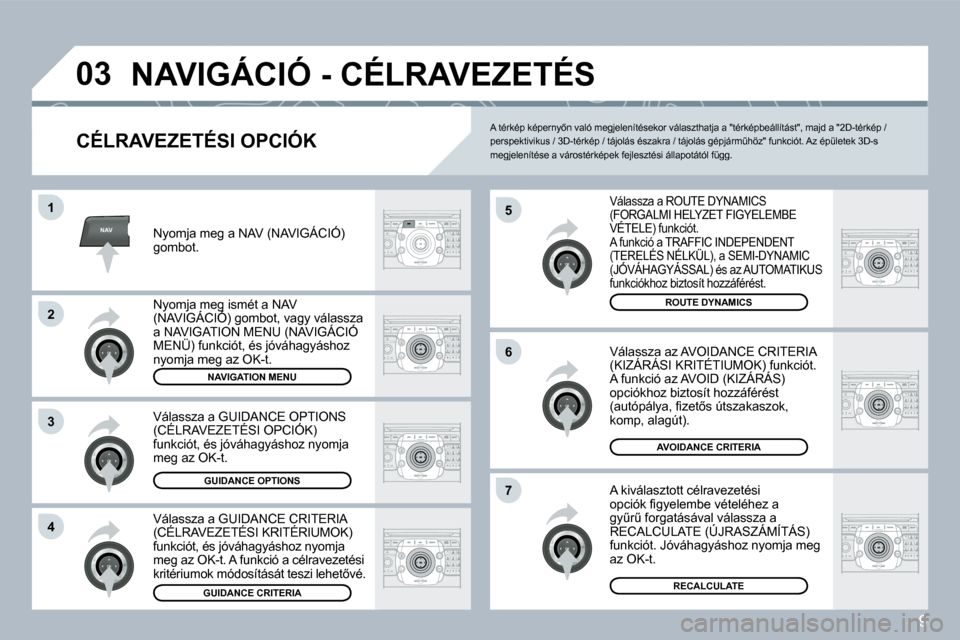 Peugeot 308 SW BL 2008.5  Kezelési útmutató (in Hungarian) 9
NAV
03
5
6
7
1
2
3
4
� �N�A�V�I�G�Á�C�I�Ó� �-� �C�É�L�R�A�V�E�Z�E�T�É�S� 
� � �C�É�L�R�A�V�E�Z�E�T�É�S�I� �O�P�C�I�Ó�K� 
� �V�á�l�a�s�s�z�a� �a� �R�O�U�T�E� �D�Y�N�A�M�I�C�S� �(�F�O�R�G�A�L�