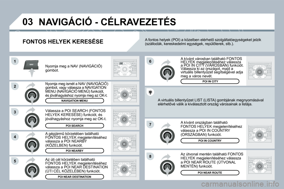Peugeot 308 SW BL 2008.5  Kezelési útmutató (in Hungarian) 11
NAV
03
1
2
3
4
7
85
6
� �N�A�V�I�G�Á�C�I�Ó� �-� �C�É�L�R�A�V�E�Z�E�T�É�S� 
� � �F�O�N�T�O�S� �H�E�L�Y�E�K� �K�E�R�E�S�É�S�E� 
 Nyomja meg a NAV (NAVIGÁCIÓ) gombot. 
 Nyomja meg ismét a NAV 