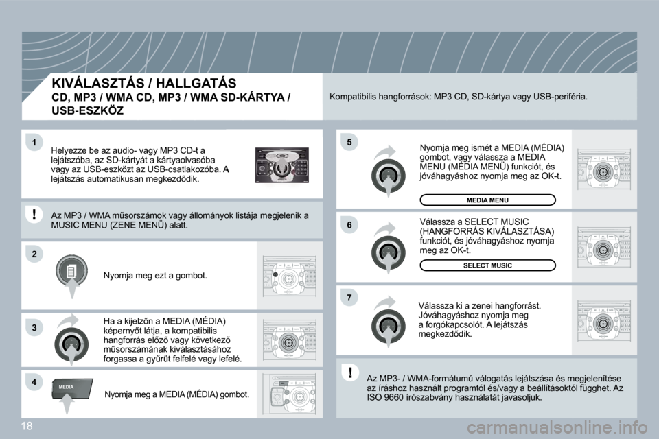 Peugeot 308 SW BL 2008.5  Kezelési útmutató (in Hungarian) 18
2
ABC 3
DEF
5
JKL
4
GHI 6
MNO
8
TUV
7
PQRS 9
WXYZ
0
* #
1
RADIO MEDIA
NAV ESC TRAFFIC
SETUPADDR BOOK
4
5
6
2
7
3
1
MEDIA
� �K�I�V�Á�L�A�S�Z�T�Á�S� �/� �H�A�L�L�G�A�T�Á�S� � 
�C�D�,� �M�P�3� �/� 