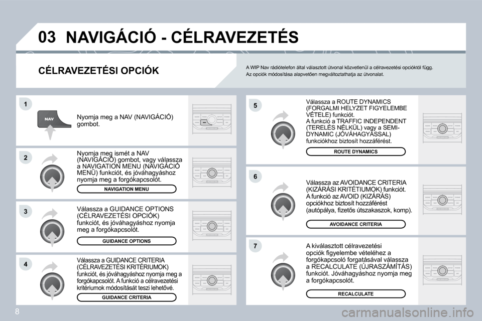 Peugeot 308 SW BL 2008.5  Kezelési útmutató (in Hungarian) 8
�0�3
�5
�6
�7
�1
�2
�3
�4
� �N�A�V�I�G�Á�C�I�Ó� �-� �C�É�L�R�A�V�E�Z�E�T�É�S� 
� � �C�É�L�R�A�V�E�Z�E�T�É�S�I� �O�P�C�I�Ó�K� 
� �V�á�l�a�s�s�z�a� �a� �R�O�U�T�E� �D�Y�N�A�M�I�C�S� �(�F�O�R�G