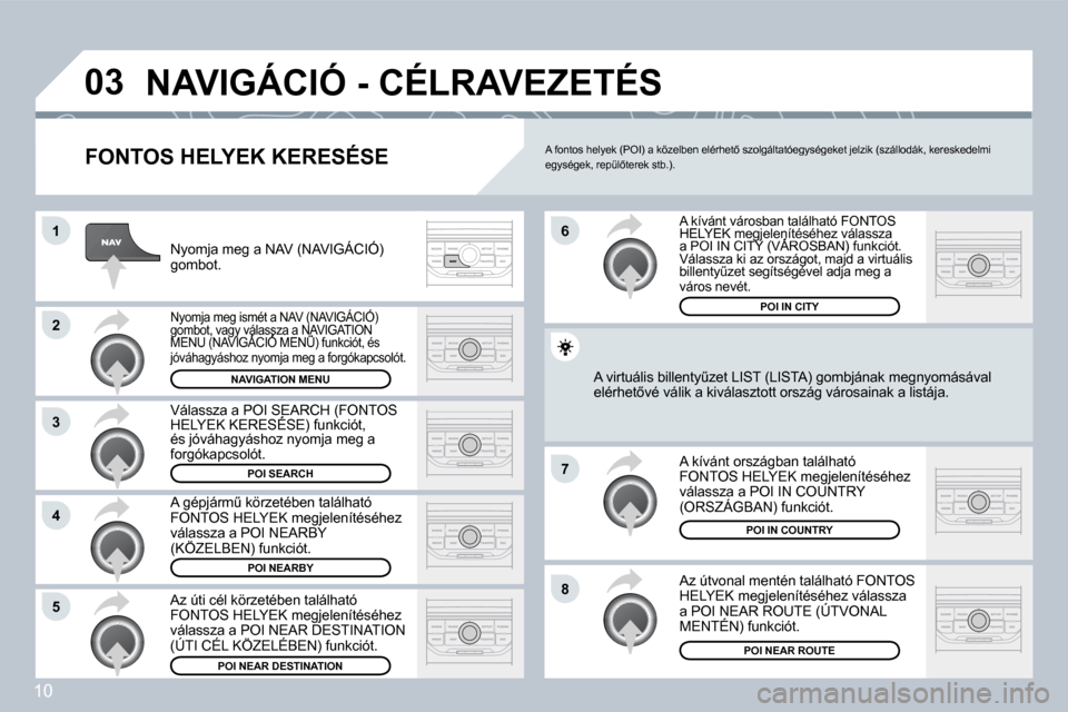 Peugeot 308 SW BL 2008.5  Kezelési útmutató (in Hungarian) 10
�0�3
�1
�2
�3
�4
�7
�8�5
�6
� �N�A�V�I�G�Á�C�I�Ó� �-� �C�É�L�R�A�V�E�Z�E�T�É�S� 
  FONTOS HELYEK KERESÉSE 
� �N�y�o�m�j�a� �m�e�g� �a� �N�A�V� �(�N�A�V�I�G�Á�C�I�Ó�)� �g�o�m�b�o�t�.� 
� �N�y