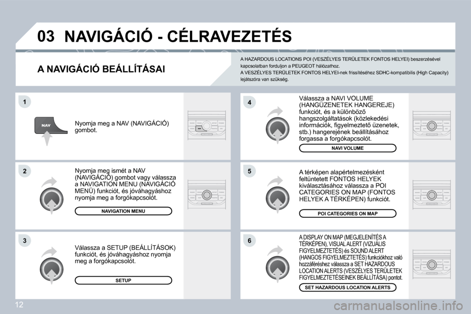 Peugeot 308 SW BL 2008.5  Kezelési útmutató (in Hungarian) 12
�0�3
�6
�4
�5
�1
�2
�3
� � �A� �N�A�V�I�G�Á�C�I�Ó� �B�E�Á�L�L�Í�T�Á�S�A�I� 
� �V�á�l�a�s�s�z�a� �a� �N�A�V�I� �V�O�L�U�M�E� �(�H�A�N�G�Ü�Z�E�N�E�T�E�K� �H�A�N�G�E�R�E�J�E�)� �f�u�n�k�c�i�ó�