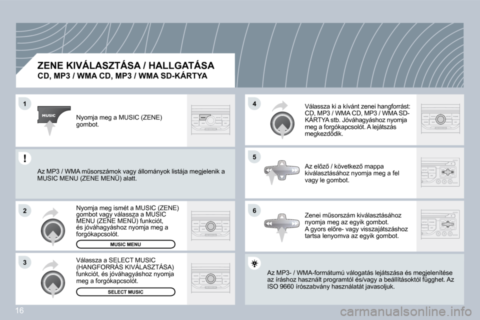 Peugeot 308 SW BL 2008.5  Kezelési útmutató (in Hungarian) 16
�1
�2
�3
�5
�4
�6
  ZENE KIVÁLASZTÁSA / HALLGATÁSA  
�C�D�,� �M�P�3� �/� �W�M�A� �C�D�,� �M�P�3� �/� �W�M�A� �S�D�-�K�Á�R�T�Y�A� 
� �A�z� �M�P�3�-� �/� �W�M�A�-�f�o�r�m�á�t�u�m�ú� �v�á�l�o�g