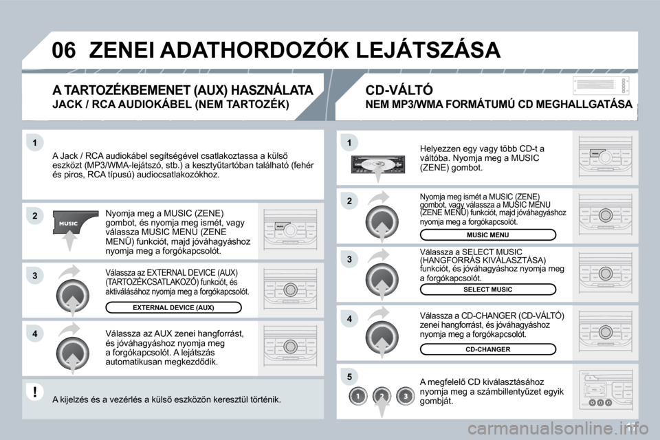 Peugeot 308 SW BL 2008.5  Kezelési útmutató (in Hungarian) 17
�1
�2
�3
�4
�1
�4
�0�6
�2
�3
�5
� �A� �J�a�c�k� �/� �R�C�A� �a�u�d�i�o�k�á�b�e�l� �s�e�g�í�t�s�é�g�é�v�e�l� �c�s�a�t�l�a�k�o�z�t�a�s�s�a� �a� �k�ü�l�s5� � �A� �J�a�c�k� �/� �R�C�A� �a�u�d�i�o
