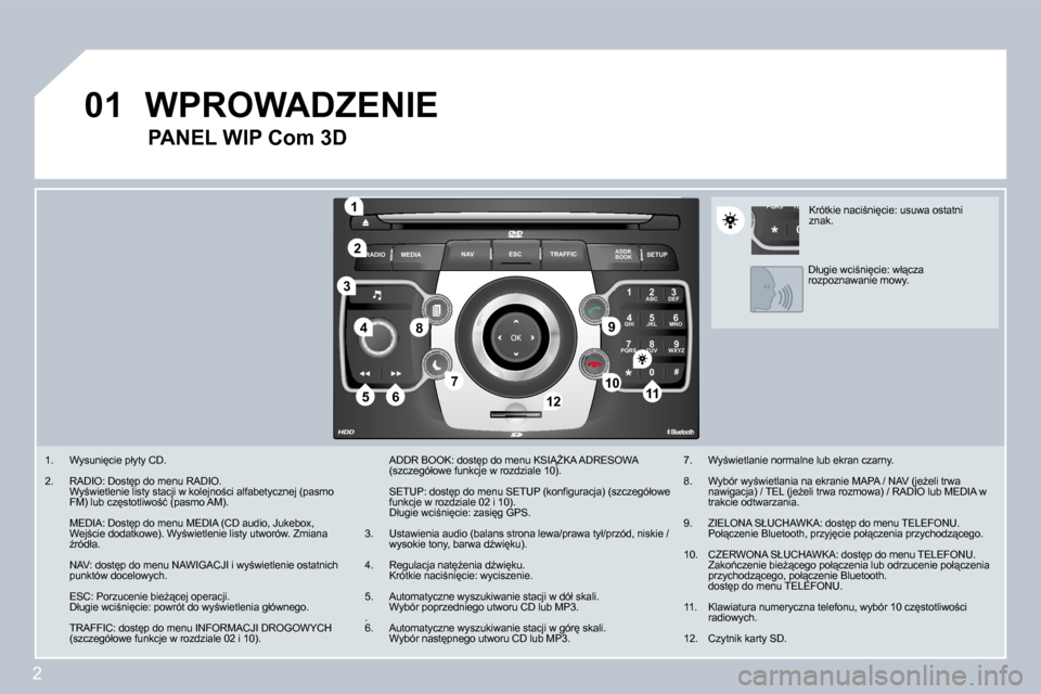 Peugeot 308 SW BL 2008.5  Instrukcja Obsługi (in Polish) 2
01
2
ABC 3
DEF
5
JKL
4
GHI 6
MNO
8
TUV
7
PQRS 9
WXYZ
0
* #
1
RADIO MEDIA
NAV ESC TRAFFIC
SETUP
ADDR BOOK
1
10
2
3
4
612
9
7
8
115
TU
PQRS
0
*
� � � � �1�.� �  �W�y�s�u�n�i
�c�i�e� �p�ł�y�t�y� �C�D