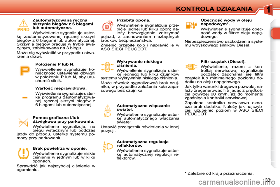 Peugeot 308 SW BL 2008.5  Instrukcja Obsługi (in Polish) �K�O�N�T�R�O�L�A� �D�Z�I�A�Ł�A�N�I�A� � � �O�b�e�c�n�o;�ć� �w�o�d�y� �w� �o�l�e�j�u�  
�n�a�p�d�o�w�y�m� �*� �.�  
� �W�y;�w�i�e�t�l�e�n�i�e� �s�y�g�n�a�l�i�z�u�j�e� �o�b�e�c�- 
�n�o;�ć�  �w�o