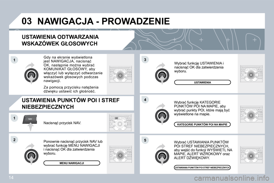 Peugeot 308 SW BL 2008.5  Instrukcja Obsługi (in Polish) 14
03
5
3
4
NAV1
2
1
  USTAWIENIA ODTWARZANIA 
�W�S�K�A�Z�Ó�W�E�K� �G�Ł�O�S�O�W�Y�C�H� 
�W�y�b�r�a�ć� �U�S�T�A�W�I�A�N�I�A� �P�U�N�K�T�Ó�W� �P�O�I� �S�T�R�E�F� �N�I�E�B�E�Z�P�I�E�C�Z�N�Y�C�H�,� �a