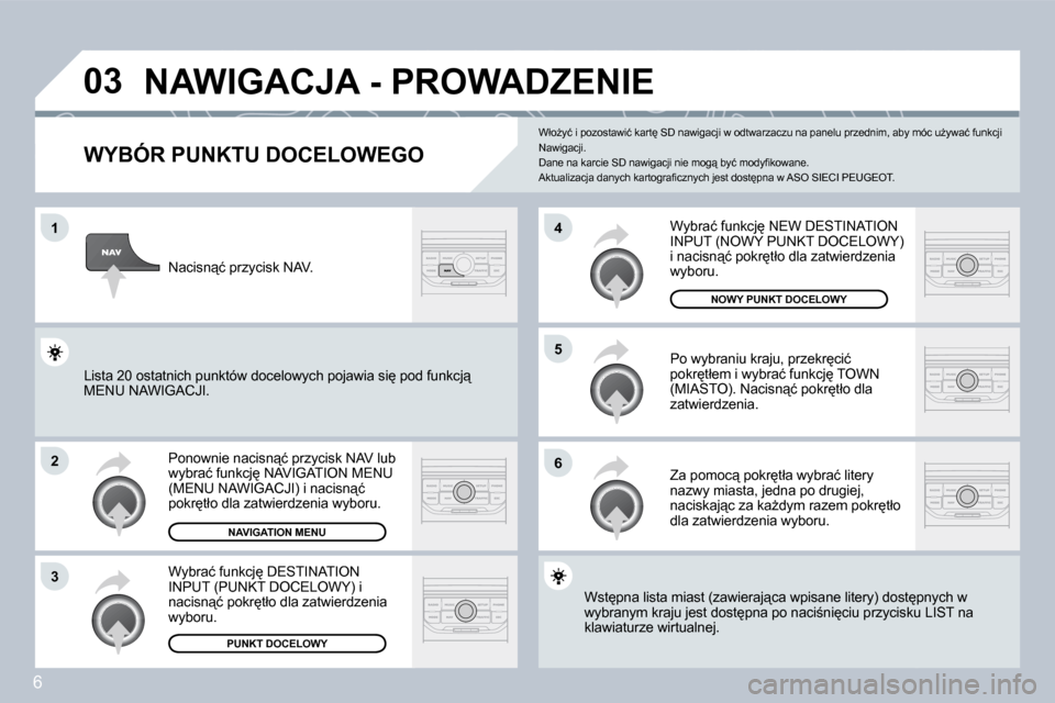 Peugeot 308 SW BL 2008.5  Instrukcja Obsługi (in Polish) 6
�0�3
�1
�2
�3
�6
�5
�4
� �N�A�W�I�G�A�C�J�A� �-� �P�R�O�W�A�D�Z�E�N�I�E� 
� � �W�Y�B�Ó�R� �P�U�N�K�T�U� �D�O�C�E�L�O�W�E�G�O� 
� � �P�o�n�o�w�n�i�e� �n�a�c�i�s�n"�ć� �p�r�z�y�c�i�s�k� �N�A�V� �l�
