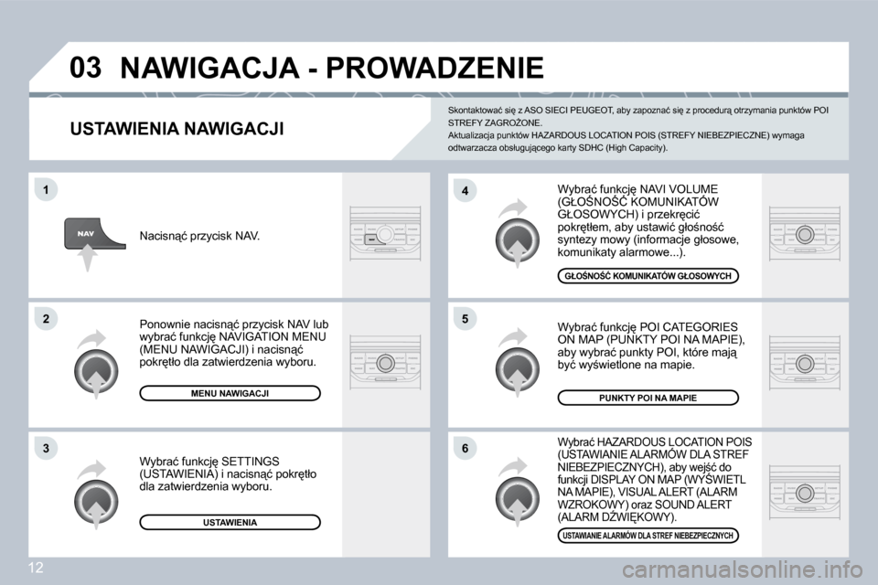 Peugeot 308 SW BL 2008.5  Instrukcja Obsługi (in Polish) 12
�0�3
�6
�4
�5
�1
�2
�3
  USTAWIENIA NAWIGACJI 
� �W�y�b�r�a�ć� �f�u�n�k�c�j
� �N�A�V�I� �V�O�L�U�M�E� �(�G�Ł�O:�N�O:�Ć� �K�O�M�U�N�I�K�A�T�Ó�W� � �W�y�b�r�a�ć� �f�u�n�k�c�j
� �N�A�V�I� �V�
