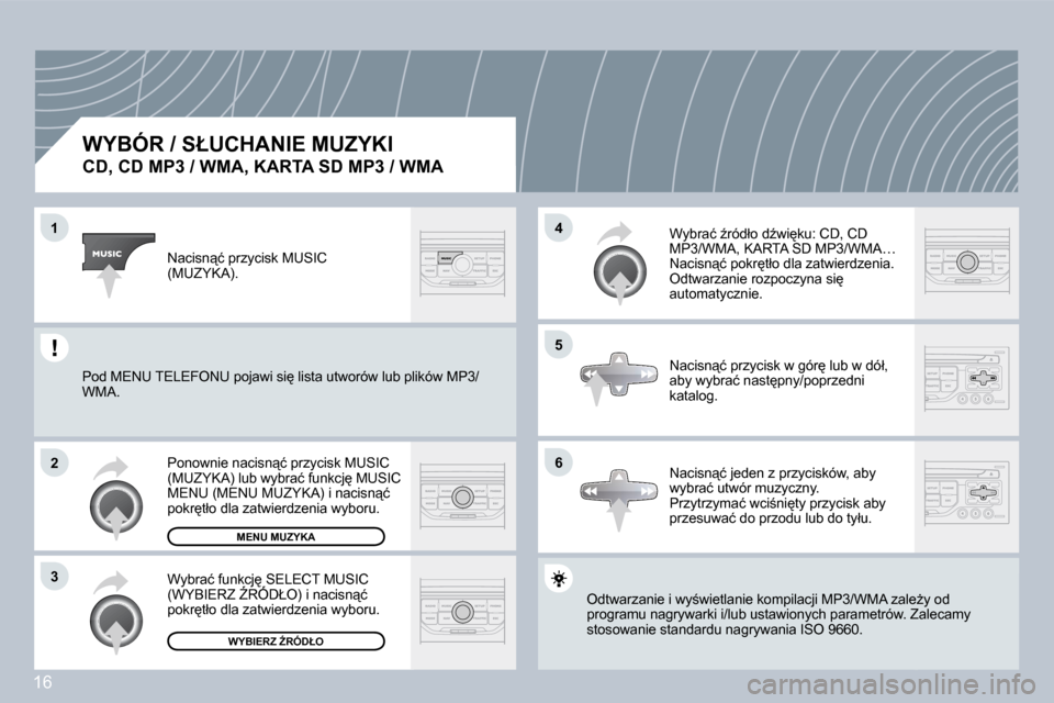 Peugeot 308 SW BL 2008.5  Instrukcja Obsługi (in Polish) 16
�1
�2
�3
�5
�4
�6
� � �W�Y�B�Ó�R� �/� �S�Ł�U�C�H�A�N�I�E� �M�U�Z�Y�K�I� � 
�C�D�,� �C�D� �M�P�3� �/� �W�M�A�,� �K�A�R�T�A� �S�D� �M�P�3� �/� �W�M�A� 
� �O�d�t�w�a�r�z�a�n�i�e� �i� �w�y;�w�i�e�t�
