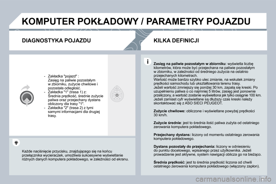 Peugeot 308 SW BL 2008.5  Instrukcja Obsługi (in Polish) 21
� �K�O�M�P�U�T�E�R� �P�O�K�Ł�A�D�O�W�Y� �/� �P�A�R�A�M�E�T�R�Y� �P�O�J�A�Z�D�U� 
  DIAGNOSTYKA POJAZDU 
� � � �-� �  �Z�a�k�ł�a�d�k�a� �"�p�o�j�a�z�d�"� �:� � �  �Z�a�s�i
�g� �n�a� �p�a�l�i�w�i�