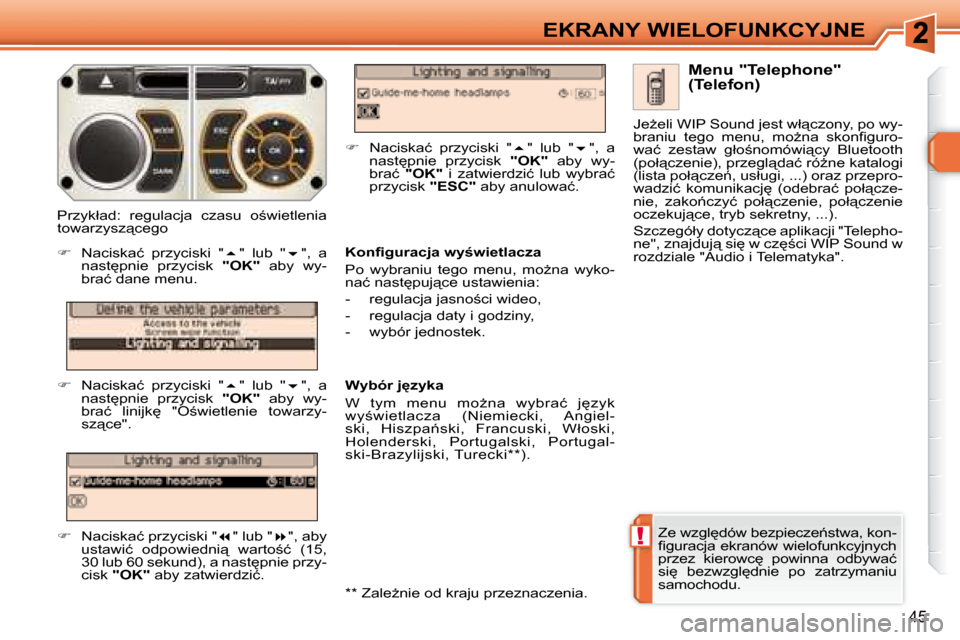 Peugeot 308 SW BL 2008.5  Instrukcja Obsługi (in Polish) !
45
EKRANY WIELOFUNKCYJNE
� �Z�e� �w�z�g�l
�d�ó�w� �b�e�z�p�i�e�c�z�e1�s�t�w�a�,� �k�o�n�- 
�ﬁ� �g�u�r�a�c�j�a� �e�k�r�a�n�ó�w� �w�i�e�l�o�f�u�n�k�c�y�j�n�y�c�h� 
�p�r�z�e�z�  �k�i�e�r�o�w�c
�