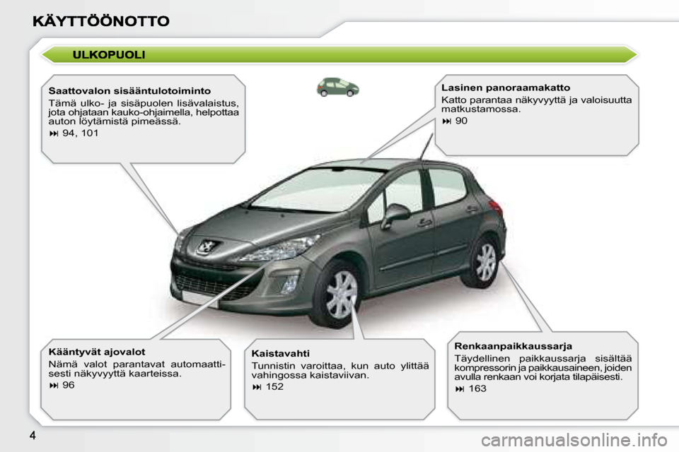 Peugeot 308 SW BL 2008.5  Omistajan käsikirja (in Finnish)   Saattovalon sisääntulotoiminto  
 Tämä  ulko-  ja  sisäpuolen  lisävalaistus,  
jota ohjataan kauko-ohjaimella, helpottaa 
auton löytämistä pimeässä.  
   
�   94, 101   
  Kääntyvä