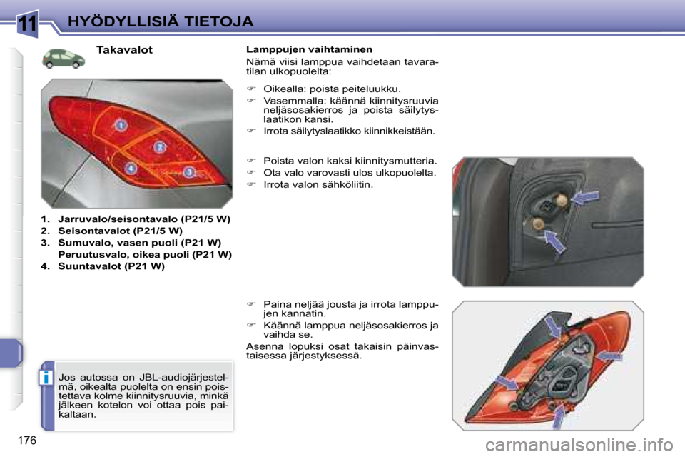 Peugeot 308 SW BL 2008.5  Omistajan käsikirja (in Finnish) 11
i
176
HYÖDYLLISIÄ TIETOJA                                    Takavalot 
   
1.     Jarruvalo/seisontavalo (P21/5 W)   
  
2.     Seisontavalot (P21/5 W)   
  
3.     Sumuvalo, vasen puoli (P21 W)