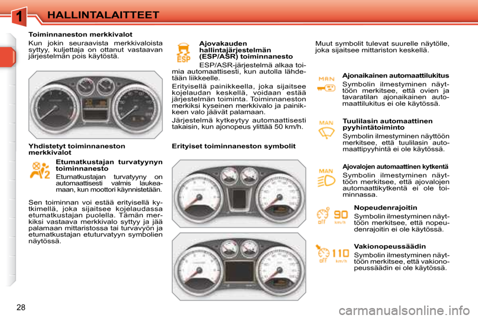 Peugeot 308 SW BL 2008.5  Omistajan käsikirja (in Finnish) 28
HALLINTALAITTEET
   Toiminnaneston merkkivalot  
 Kun  jokin  seuraavista  merkkivaloista  
syttyy,  kuljettaja  on  ottanut  vastaavan 
järjestelmän pois käytöstä.    
  
Etumatkustajan  turv
