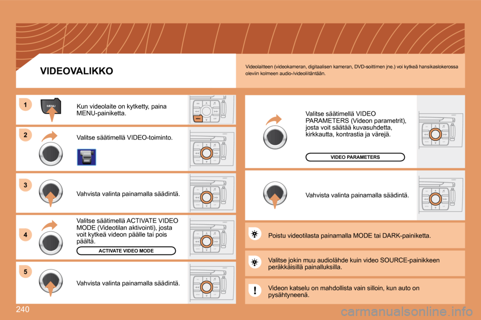 Peugeot 308 SW BL 2008.5  Omistajan käsikirja (in Finnish) 240
ESC
MENU LIST
MENU�1�1
�2�2
ESC
MENU LIST
ESC
MENU LIST
�3�3
�4�4
ESC
MENU LIST�5�5
ESC
MENU LIST
ESC
MENU LIST
� �V�i�d�e�o�l�a�i�t�t�e�e�n� �(�v�i�d�e�o�k�a�m�e�r�a�n�,� �d�i�g�i�t�a�a�l�i�s�e�n