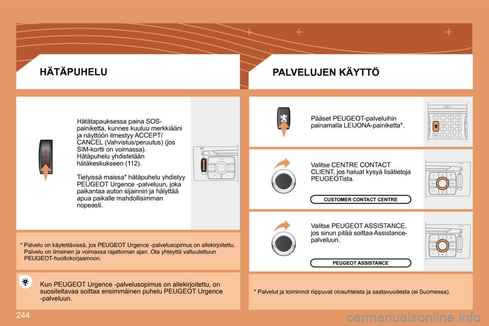 Peugeot 308 SW BL 2008.5  Omistajan käsikirja (in Finnish) 244
S
O
S
S
O SSOU R CE
MODE B AND TP T
A Y
DARK
ESC
MENU LIST
ESC
MENU LIST
� � �H�Ä�T�Ä�P�U�H�E�L�U� 
� � �*� � � � �P�a�l�v�e�l�u� �o�n� �k�ä�y�t�e�t�t�ä�v�i�s�s�ä�,� �j�o�s� �P�E�U�G�E�O�T� �
