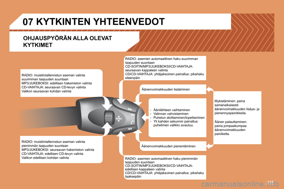 Peugeot 308 SW BL 2008.5  Omistajan käsikirja (in Finnish) 245
�0�7
 RADIO: muistiintallennetun aseman valinta suurimman taajuuden suuntaan  MP3/JUKEBOKSI: edellisen hakemiston valinta  CD-VAIHTAJA: seuraavan CD-levyn valinta  Valikon seuraavan kohdan valinta