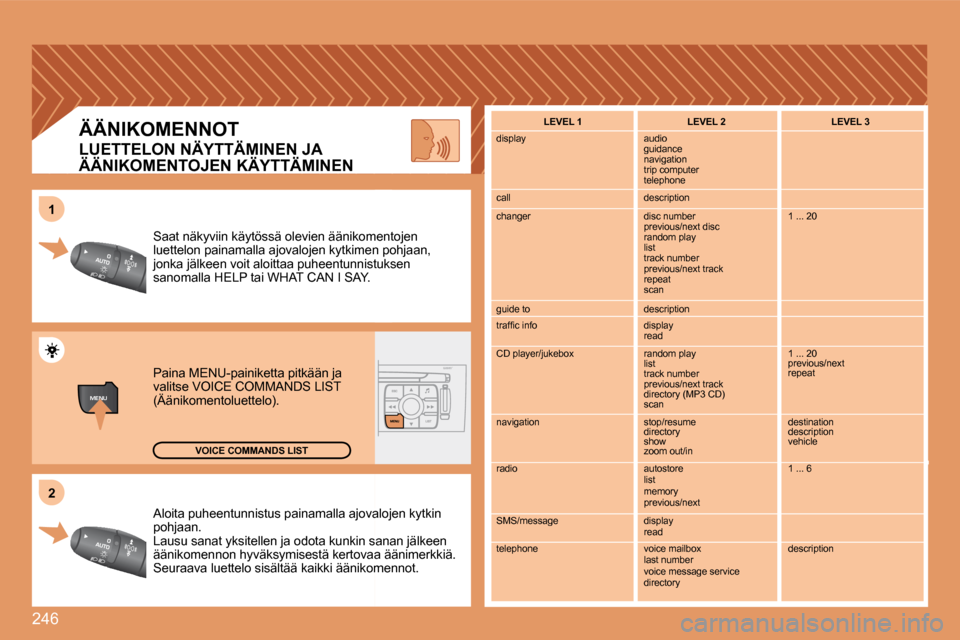 Peugeot 308 SW BL 2008.5  Omistajan käsikirja (in Finnish) 246
MENU
�2�2
�1�1
 Aloita puheentunnistus painamalla ajovalojovalojen kytkin pohjaan.  Lausu sanat yksitellen ja odota kunkin sankin sanan jälkeen äänikomennon hyväksymisestä kertovaa tovaa ää