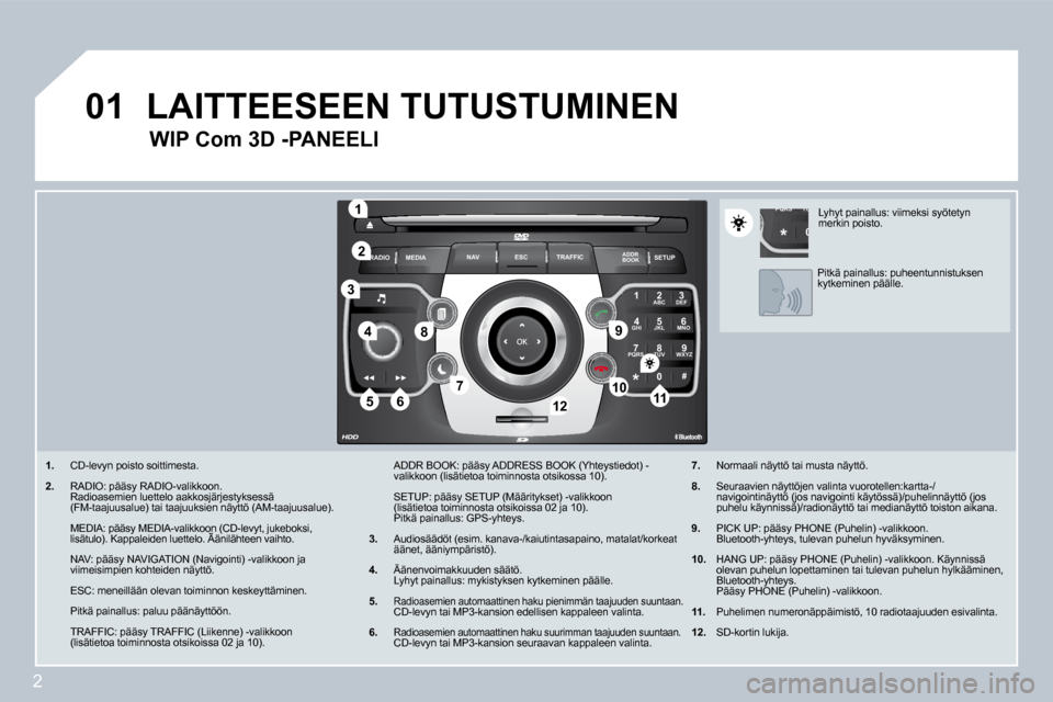 Peugeot 308 SW BL 2008.5  Omistajan käsikirja (in Finnish) 2
01
2
ABC 3
DEF
5
JKL
4
GHI 6
MNO
8
TUV
7
PQRS 9
WXYZ
0
* #
1
RADIO MEDIA
NAV ESC TRAFFIC
SETUP
ADDR BOOK
1
10
2
3
4
612
9
7
8
115
TU
PQRS
0
*
   1.   CD-levyn poisto soittimesta. 
  2.   RADIO: pä