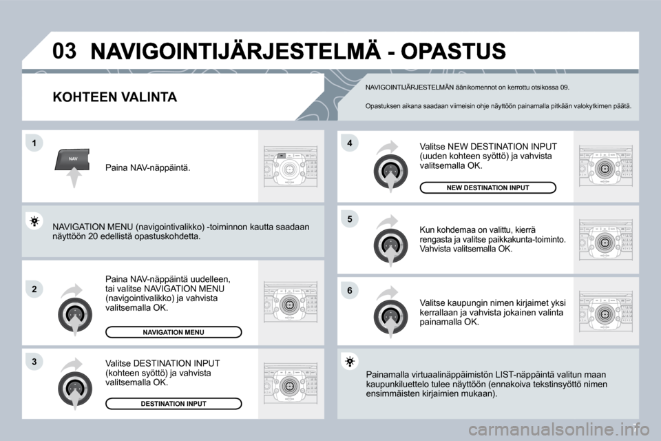 Peugeot 308 SW BL 2008.5 Omistajan käsikirja (in Finnish) 7
NAV
03
1
2
3
6
5
4
KOHTEEN VALINTA
Paina NAV-näppäintä uudelleen, tai valitse NAVIGATION MENU (navigointivalikko) ja vahvista valitsemalla OK.
Valitse DESTINATION INPUT (kohteen syöttö) j Peugeot 308 SW BL 2008.5 Omistajan käsikirja (in Finnish) 7
NAV
03
1
2
3
6
5
4
KOHTEEN VALINTA
Paina NAV-näppäintä uudelleen, tai valitse NAVIGATION MENU (navigointivalikko) ja vahvista valitsemalla OK.
Valitse DESTINATION INPUT (kohteen syöttö) j