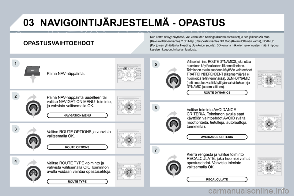 Peugeot 308 SW BL 2008.5 Omistajan käsikirja (in Finnish) 9
NAV
03
5
6
7
1
2
3
4
NAVIGOINTIJÄRJESTELMÄ - OPASTUS
OPASTUSVAIHTOEHDOT
Valitse toiminto ROUTE DYNAMICS, joka ottaa huomioon käytönaikaisen liikennetilanteen. Toiminnon avulla saadaan kä Peugeot 308 SW BL 2008.5 Omistajan käsikirja (in Finnish) 9
NAV
03
5
6
7
1
2
3
4
NAVIGOINTIJÄRJESTELMÄ - OPASTUS
OPASTUSVAIHTOEHDOT
Valitse toiminto ROUTE DYNAMICS, joka ottaa huomioon käytönaikaisen liikennetilanteen. Toiminnon avulla saadaan kä