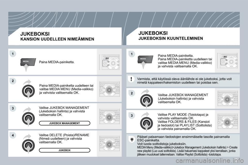 Peugeot 308 SW BL 2008.5  Omistajan käsikirja (in Finnish) 21
33
22
MEDIA
22
33
44
11
MEDIA11 Paina MEDIA-painiketta.  Paina MEDIA-painiketta uudelleen tai valitse MEDIA MENU (Media-valikko) ja vahvista valitsemalla OK. 
 Valitse JUKEBOX MANAGEMENT (Jukeboksi