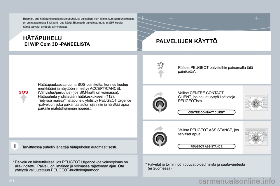 Peugeot 308 SW BL 2008.5  Omistajan käsikirja (in Finnish) 26
SOS
� � �*� � � � �P�a�l�v�e�l�u� �o�n� �k�ä�y�t�e�t�t�ä�v�i�s�s�ä�,� �j�o�s� �P�E�U�G�E�O�T� �U�r�g�e�n�c�e� �-�p�a�l�v�e�l�u�s�o�p�i�m�u�s� �o�n� allekirjoitettu. Palvelu on ilmainen ja voimas