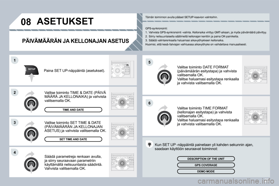 Peugeot 308 SW BL 2008.5  Omistajan käsikirja (in Finnish) 27
5
6
SETUP
1
2
3
4
08 ASETUKSET 
  PÄIVÄMÄÄRÄN JA KELLONAJAN ASETUS 
 Säädä parametreja renkaan avulla, ja siirry seuraavaan parametriin käyttämällä nelisuuntaista säädintä.  Vahvista
