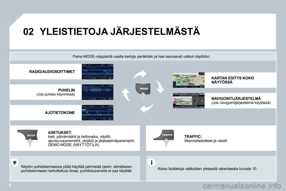 Peugeot 308 SW BL 2008.5  Omistajan käsikirja (in Finnish) 4
�0�2 YLEISTIETOJA JÄRJESTELMÄSTÄ 
 Katso lisätietoja valikoiden yleisestä rakenteesta luvusta 10.  
  Paina MODE-näppäintä useita kertoja peräkkäin ja  hae seuraavat valikot näyttöön: 
